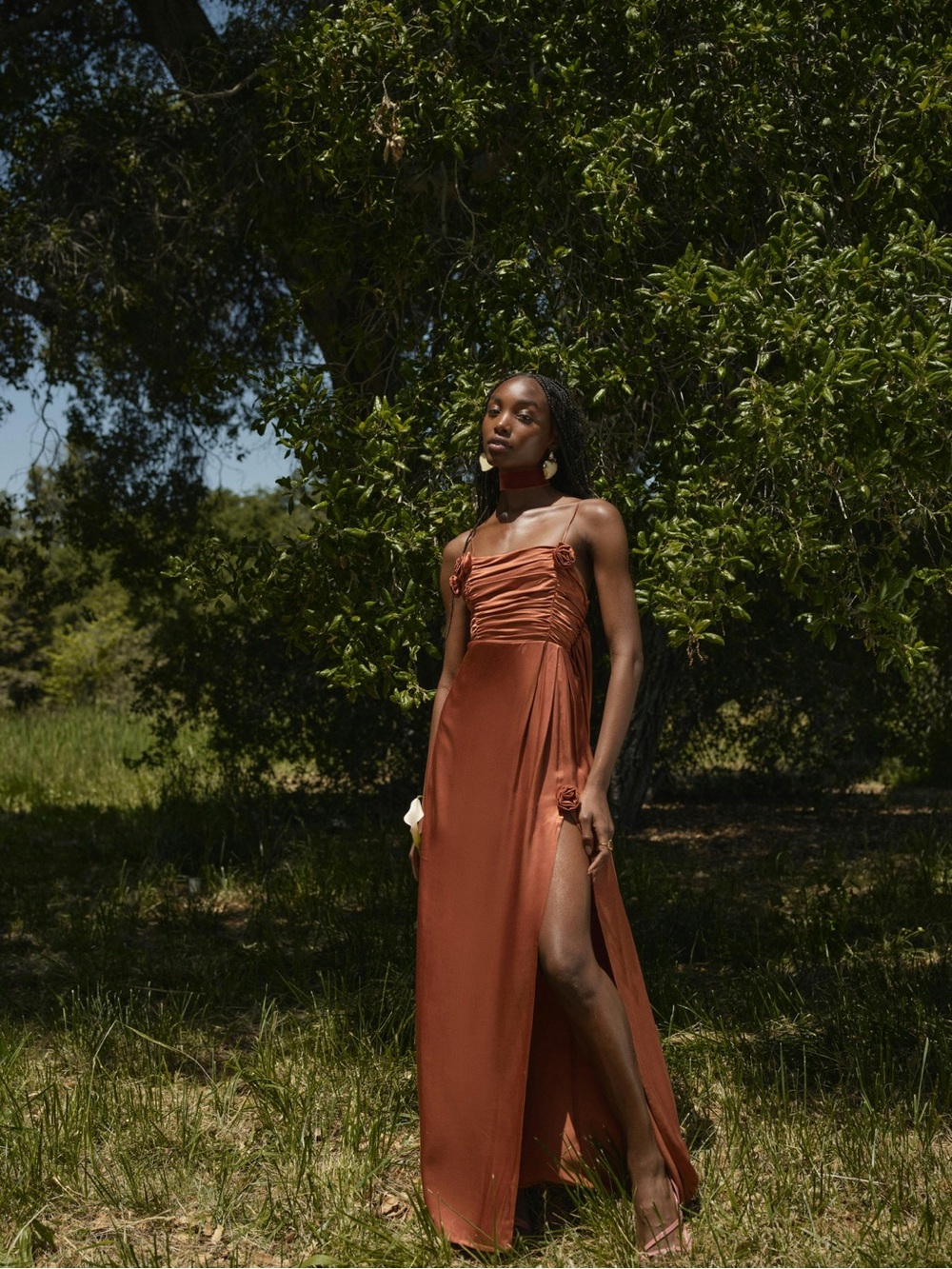 $369 NWT For Love And Lemons “Winona” Satin Maxi Dress in Copper Sz Medium
